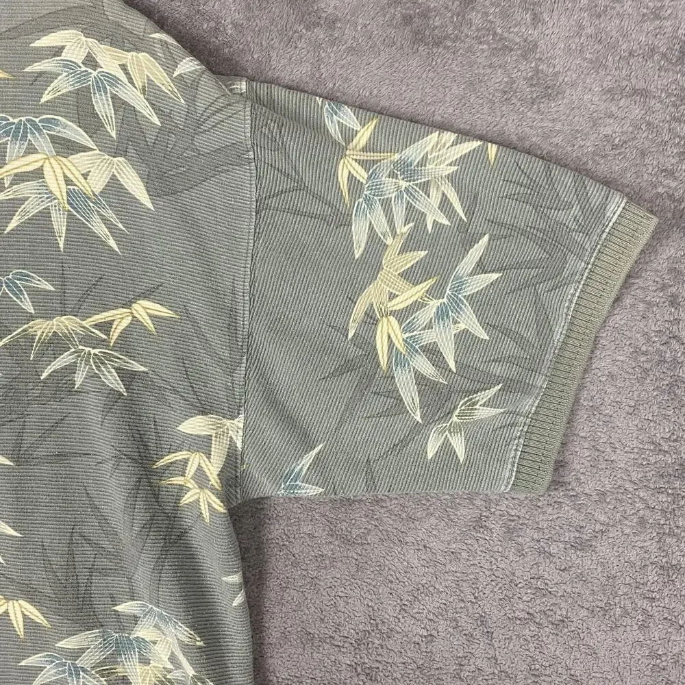 Tommy Bahama Polo Shirt Mens Large Gray Bamboo Leaf Hawaiian Tropical Cotton - Picture 9 of 15